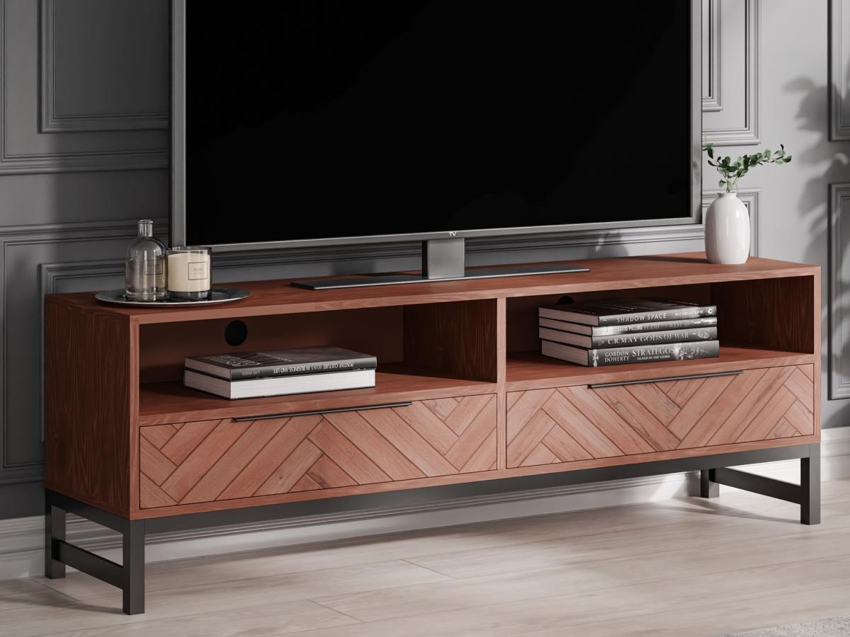 Vente-unique Mobile TV con 2 cassetti e 2 nicchie in Legno di Acacia e Metallo Naturale e Nero - VEDILA  