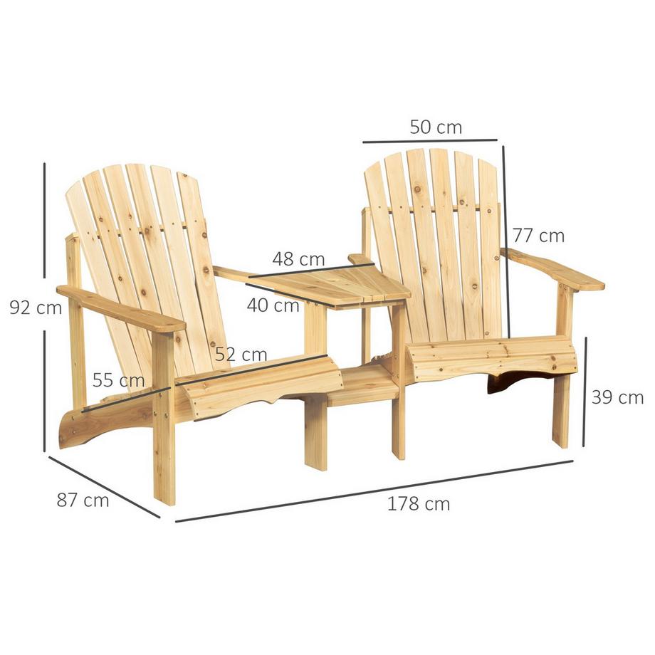 Northio Adirondack Gartenstuhl Mit Tisch Und Schirmloch 2 Sitzer Gartensessel Sitzgruppe Gartenmöbel Für Balkon Massivholz Natur 178 X 87 X 92 Cm  