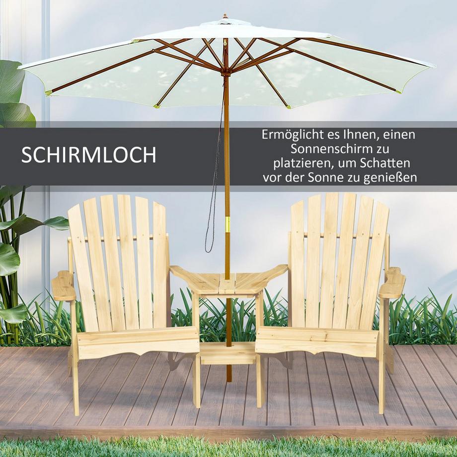 Northio Adirondack Gartenstuhl Mit Tisch Und Schirmloch 2 Sitzer Gartensessel Sitzgruppe Gartenmöbel Für Balkon Massivholz Natur 178 X 87 X 92 Cm  