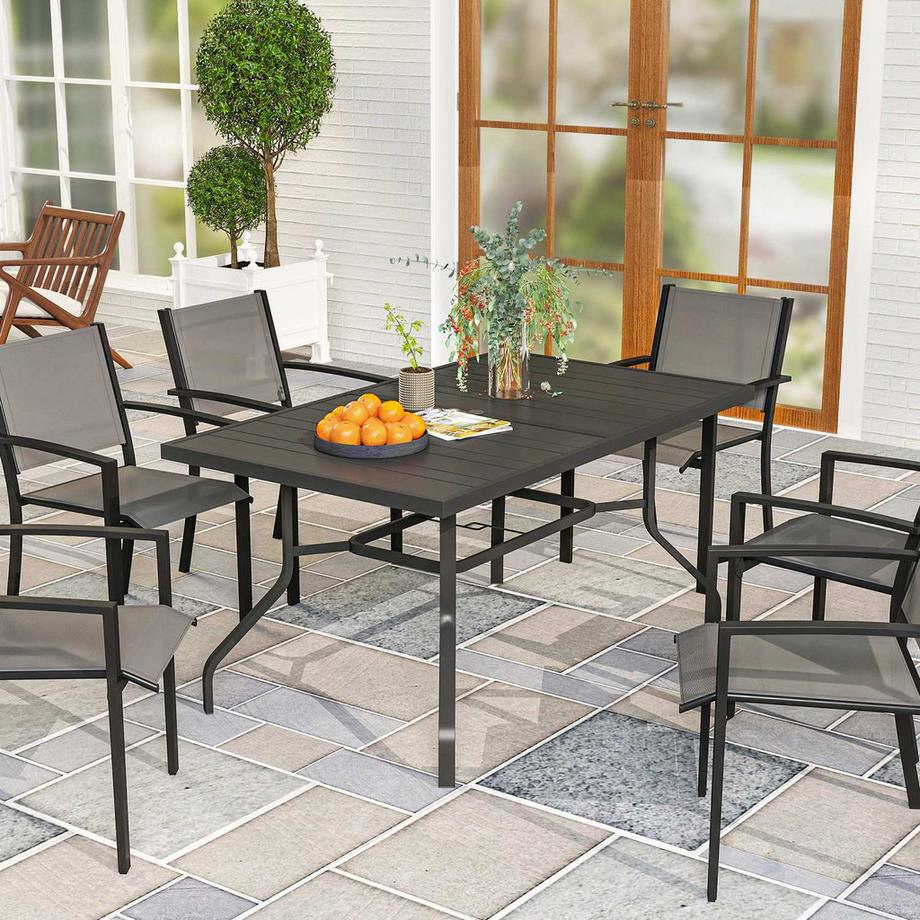 Northio Gartentisch 152x90 cm, Wetterfest Balkontisch aus Stahl, Beistelltisch mit Schirmloch, Latten-Design Esstisch Outdoor, Campingtisch, rechteckig Terrassentisch für Garten Balkon Schwarz |  