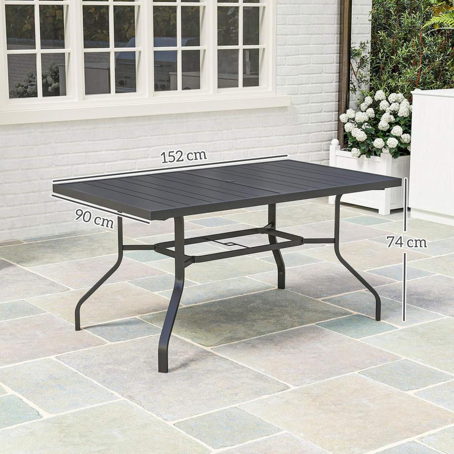 Northio Gartentisch 152x90 cm, Wetterfest Balkontisch aus Stahl, Beistelltisch mit Schirmloch, Latten-Design Esstisch Outdoor, Campingtisch, rechteckig Terrassentisch für Garten Balkon Schwarz |  