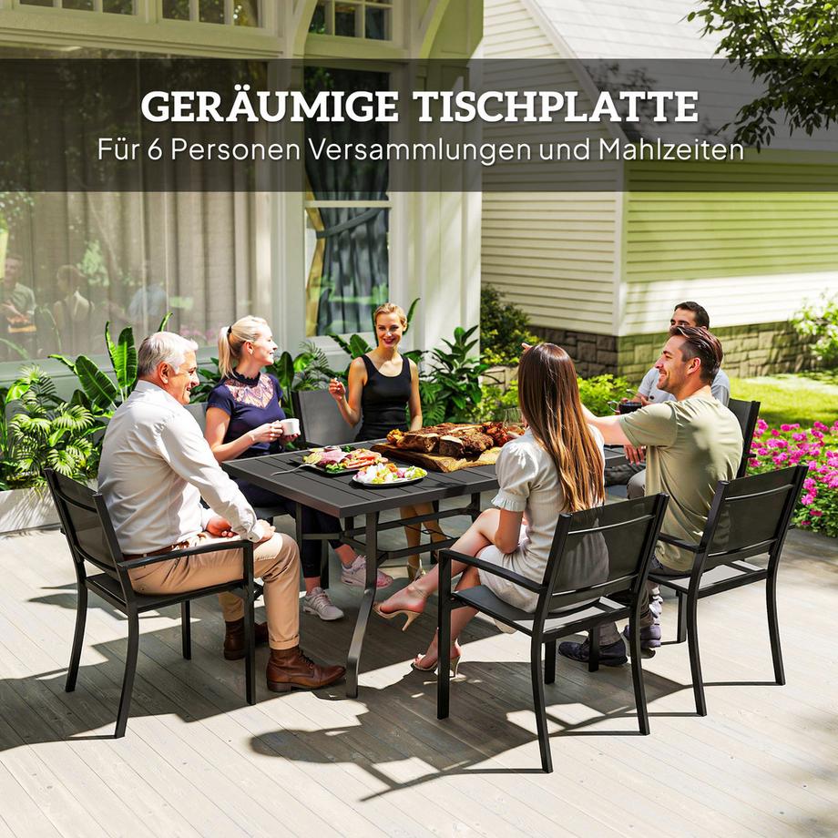 Northio Gartentisch 152x90 cm, Wetterfest Balkontisch aus Stahl, Beistelltisch mit Schirmloch, Latten-Design Esstisch Outdoor, Campingtisch, rechteckig Terrassentisch für Garten Balkon Schwarz |  