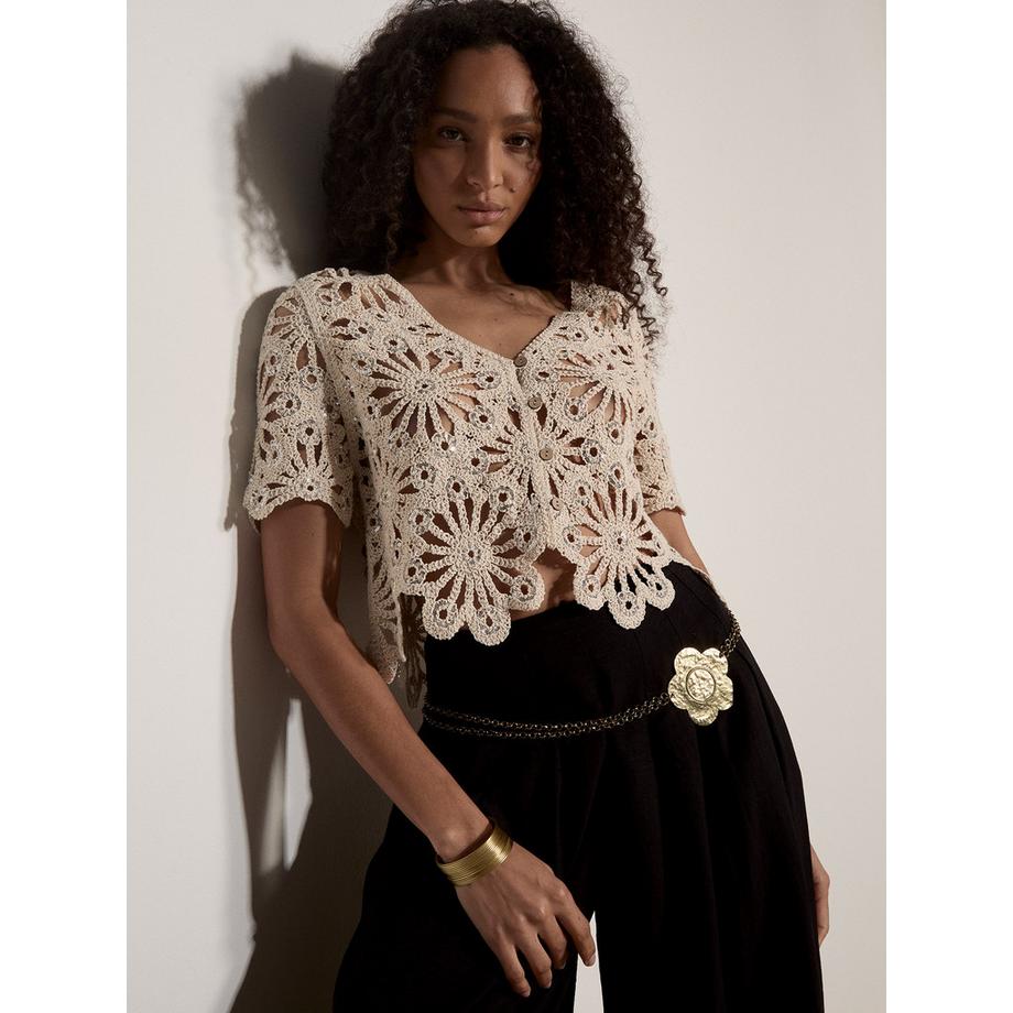 APRICOT Cardigan Crochet Fleurs Paillettes  