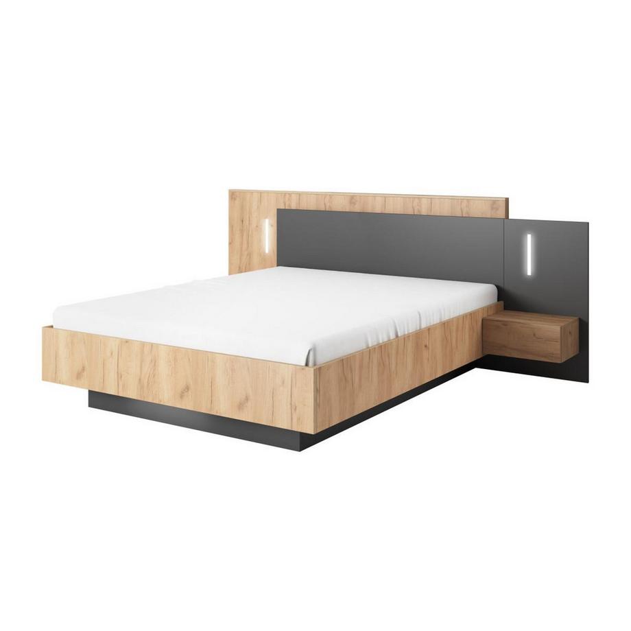 Vente-unique Letto con contenitore con comodini 2 cassetti Con LED 140 x 190 cm Naturale e Antracite - FRANCOLI  