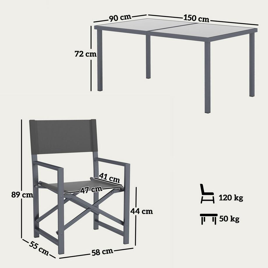 Northio Sitzgruppe 5-teilig Essgruppe Stahl für 4 Personen Esstisch mit 4 klappbar Stühlen Esszimmergruppe mit Glastisch Küchentisch-Set Balkonmöbel Gartenmöbel für Terrasse, Balkon Grau |  