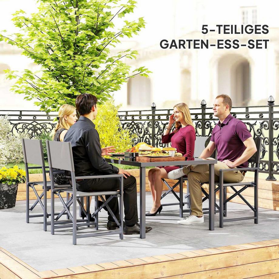 Northio Sitzgruppe 5-teilig Essgruppe Stahl für 4 Personen Esstisch mit 4 klappbar Stühlen Esszimmergruppe mit Glastisch Küchentisch-Set Balkonmöbel Gartenmöbel für Terrasse, Balkon Grau |  
