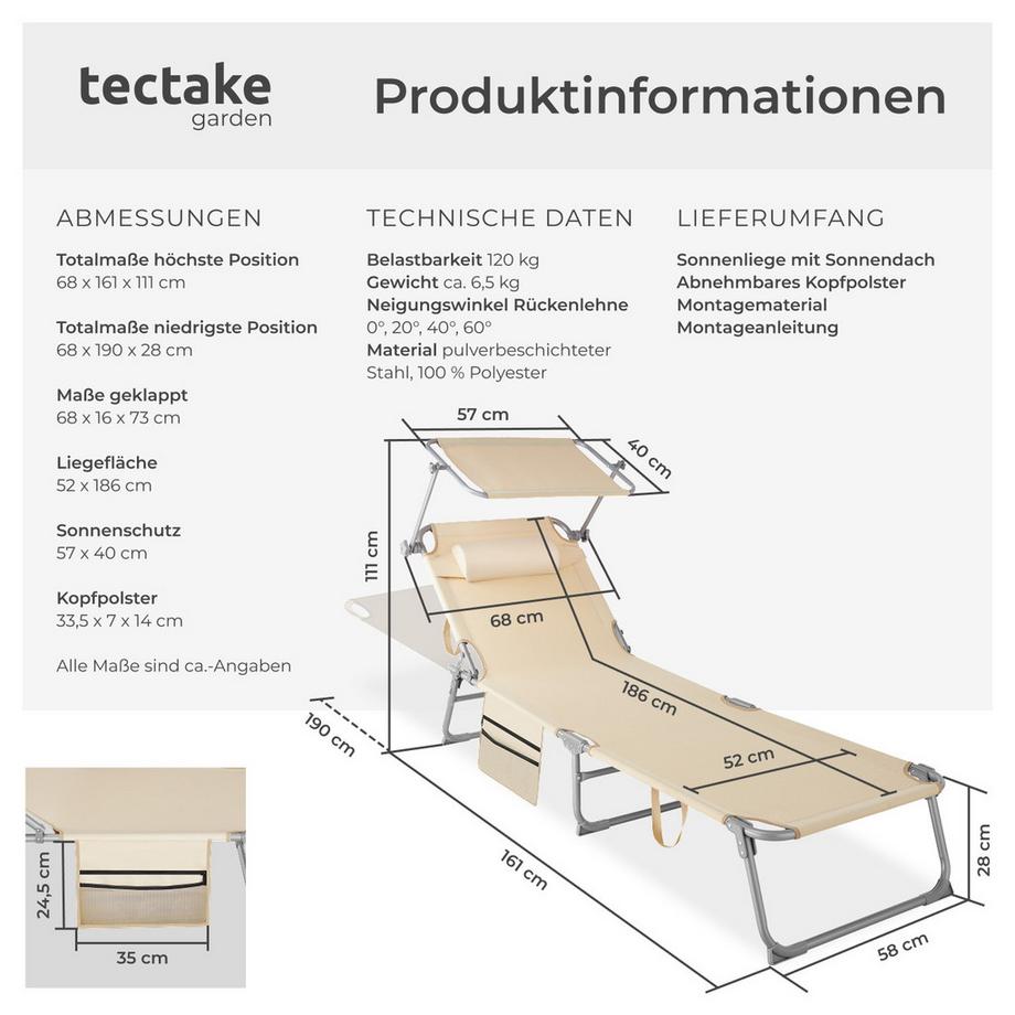 Tectake Sonnenliege Chloé klappbar  stufenlos verstellbares Sonnendach  
