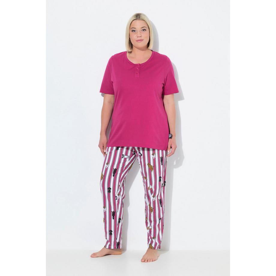 Ulla Popken Pyjama Zweiteiler uni Shirt HotDog-Muster Hose  