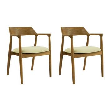 Lot de 2 chaises avec accoudoirs en teck et tissu - Naturel et crème - SOUADY