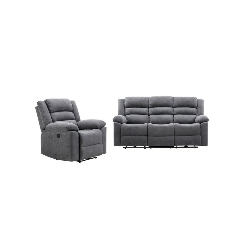 Canapé 3 places et fauteuil relax électrique en tissu gris BUROLO