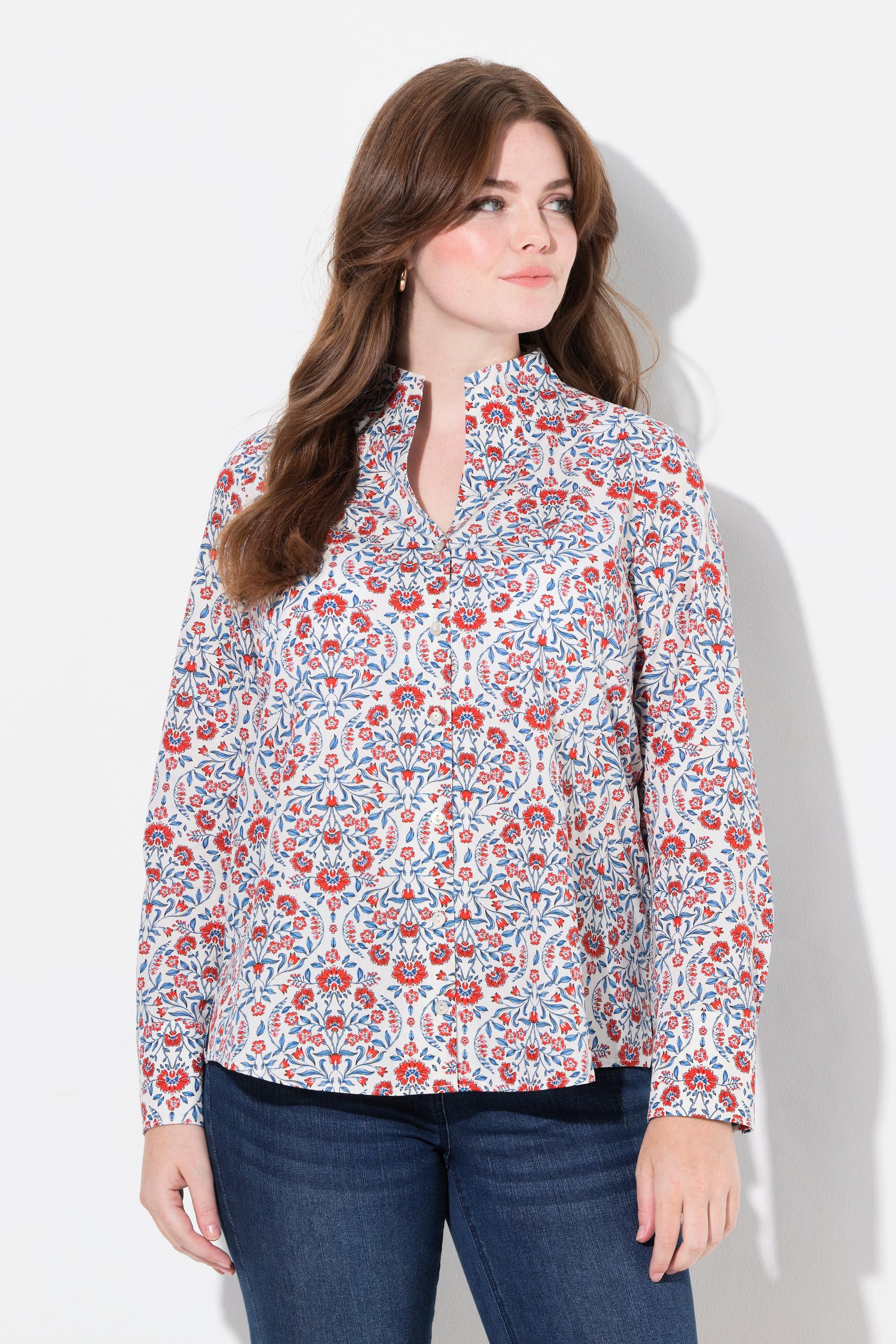 Ulla Popken Stampa Country Scollo Montante Maniche Lunghe Blusa  