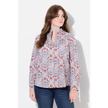 Blusa con stampa country, scollo montante e maniche lunghe