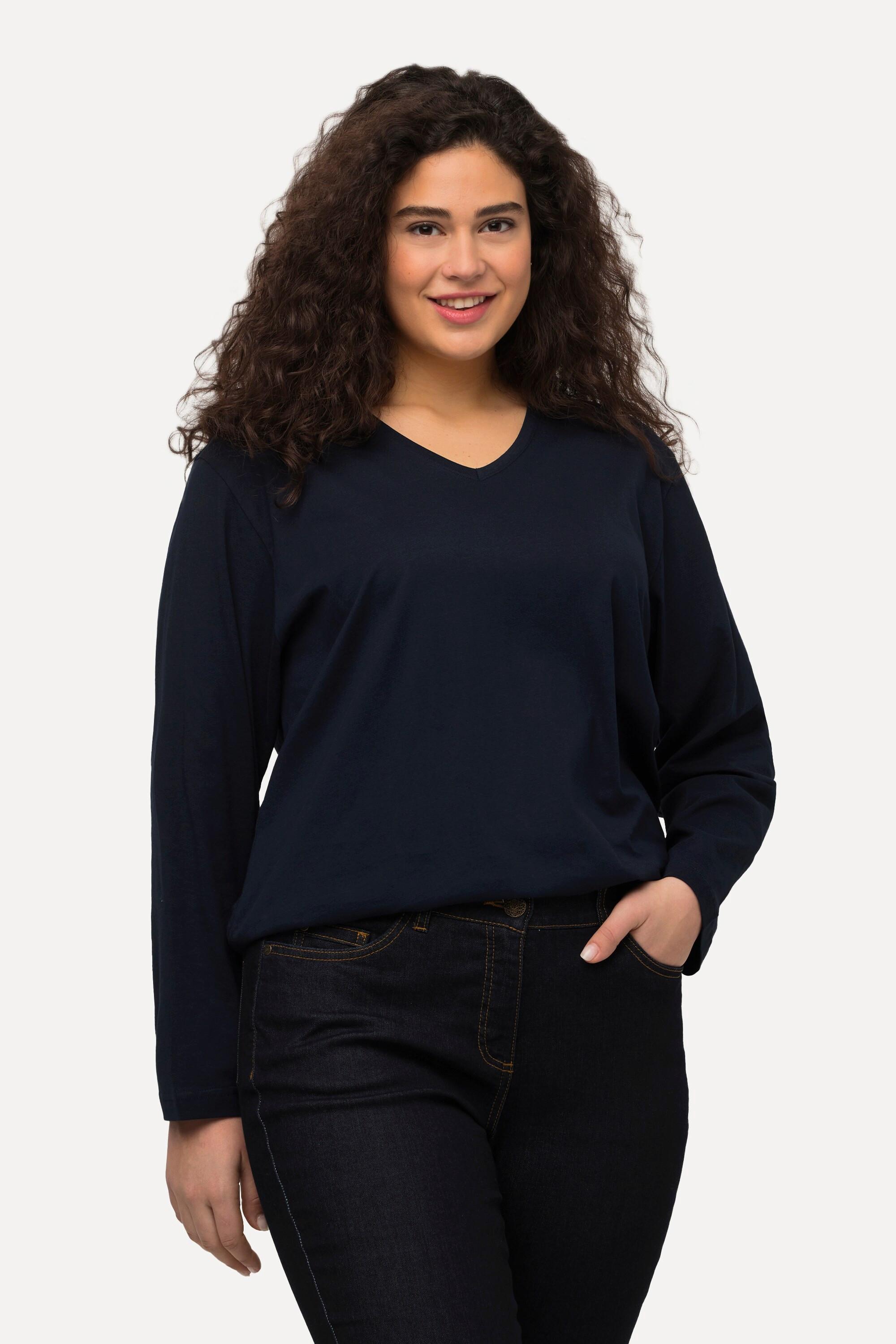 Ulla Popken  T-shirt coupe Relaxed Fit, col en V et manches longues 