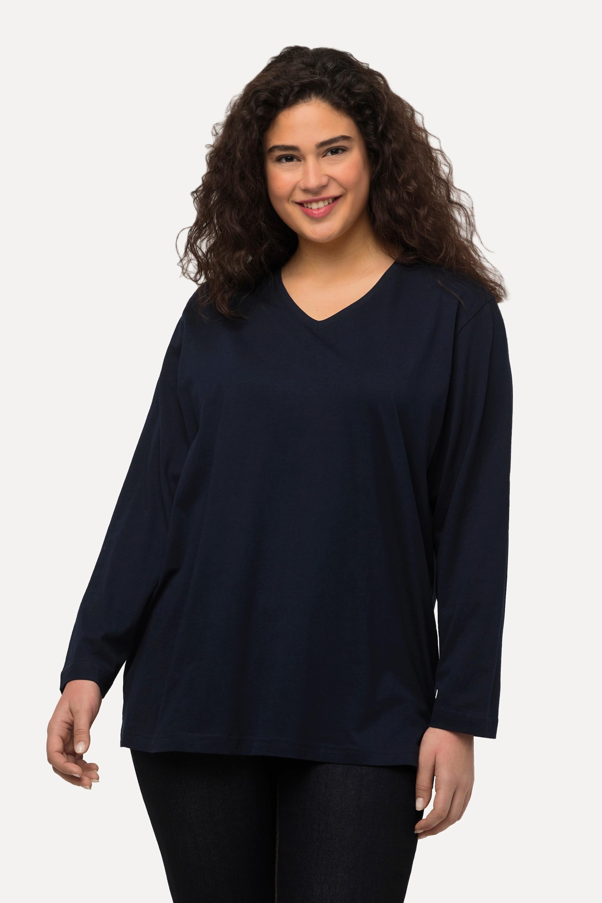 Ulla Popken  T-shirt coupe Relaxed Fit, col en V et manches longues 