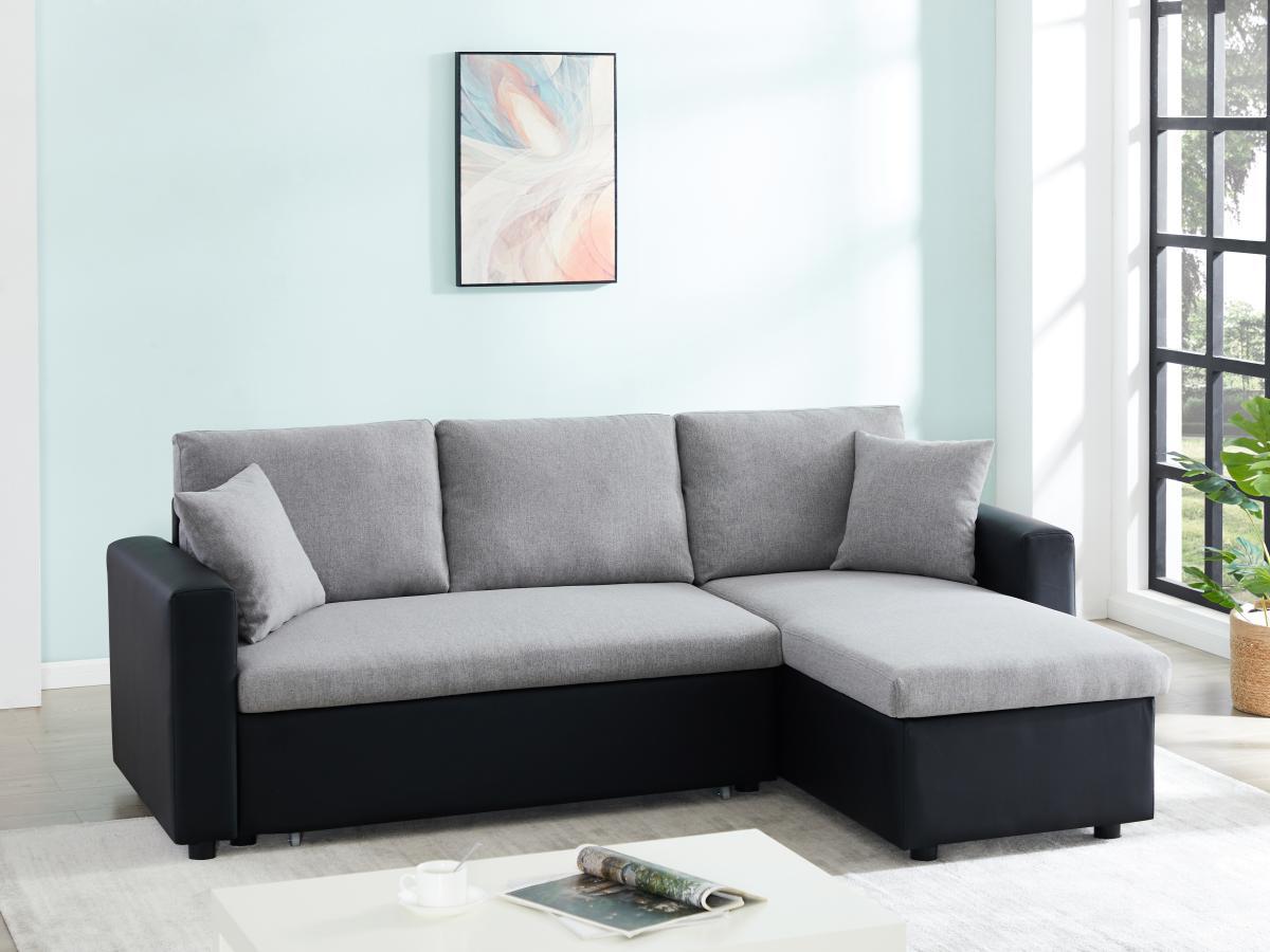 Vente-unique Canapé d'angle convertible et réversible en tissu gris clair et noir GAZUR II  