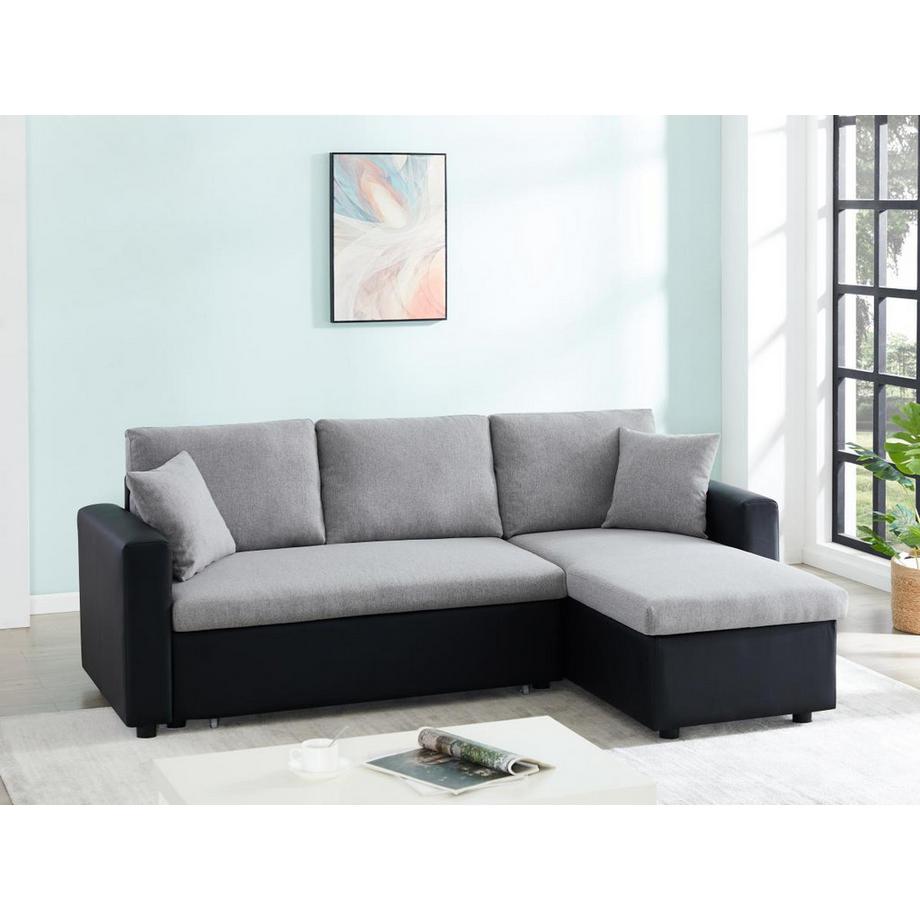 Vente-unique Ecksofa mit Schlaffunktion GAZUR - Stoff & Kunstleder - Ecke wechselbar - Schwarz & Grau  