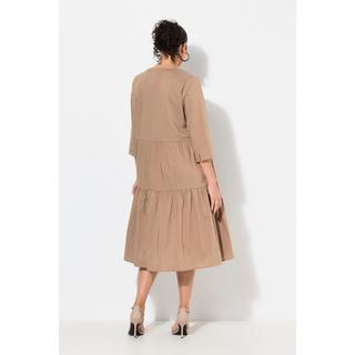 Ulla Popken  Robe midi à volants, col tunisien et manches 3/4, coupe évasée 