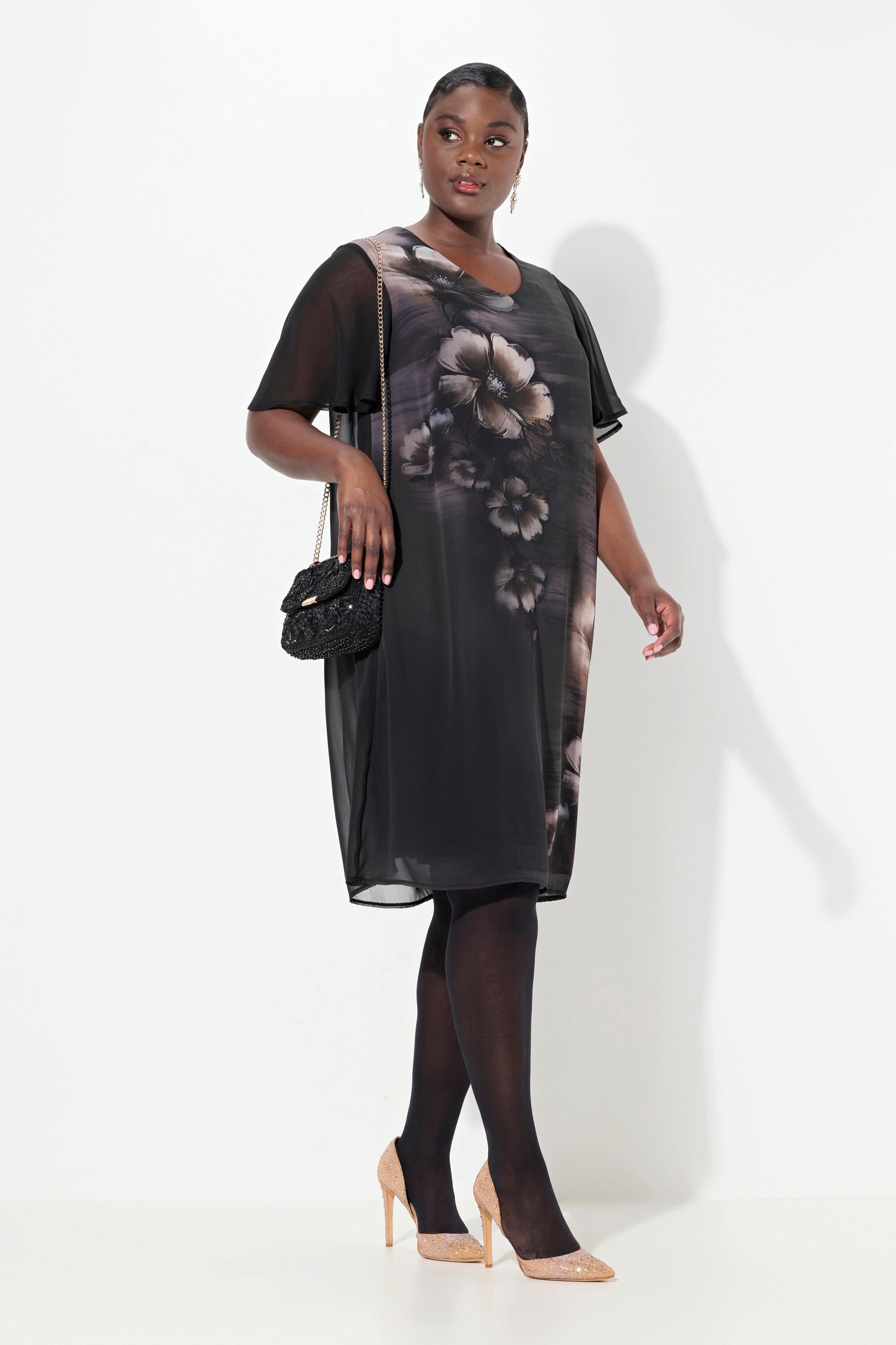 Ulla Popken Robe A-Line Col V Manches Courtes Imprimé Floral  