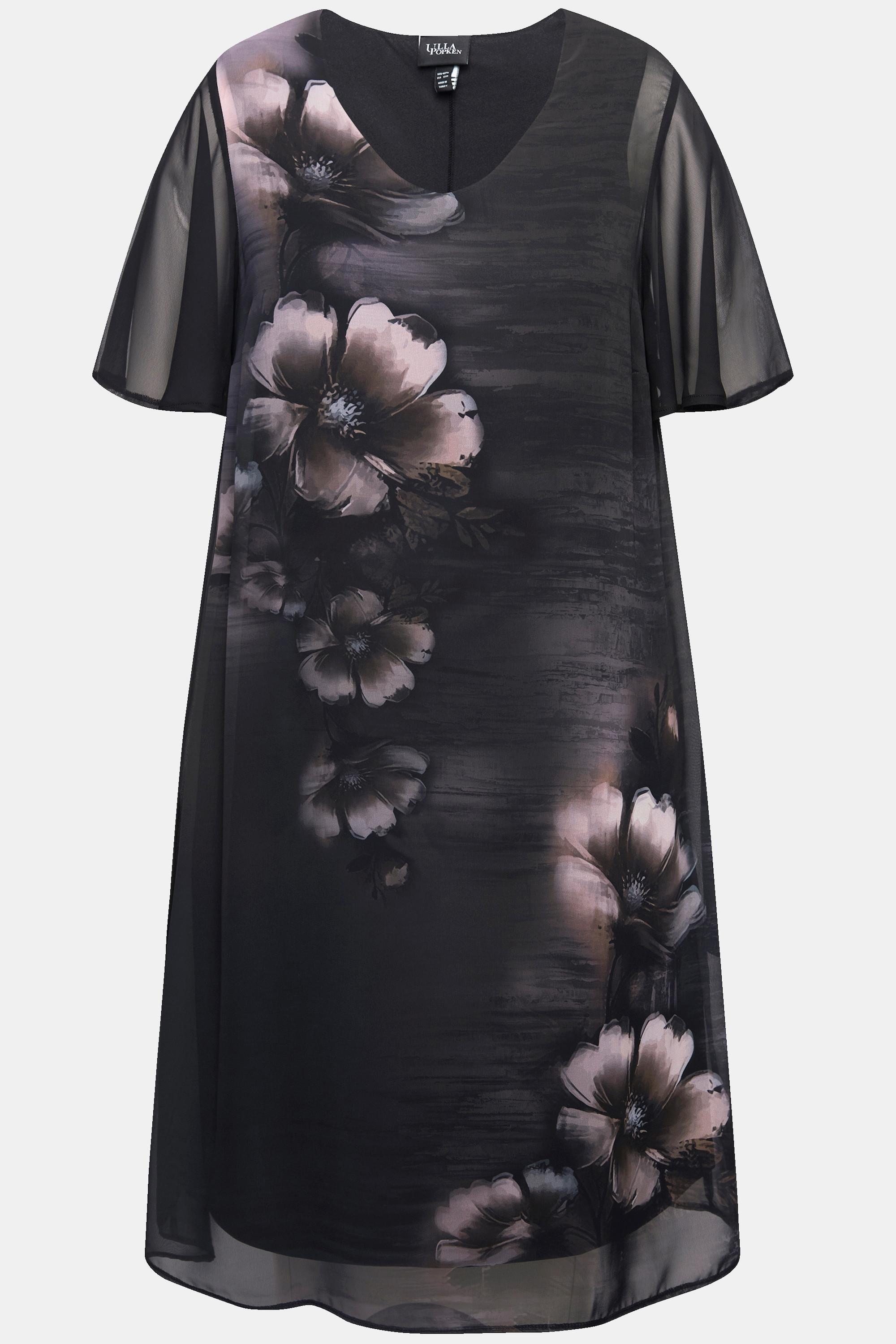 Ulla Popken Robe A-Line Col V Manches Courtes Imprimé Floral  