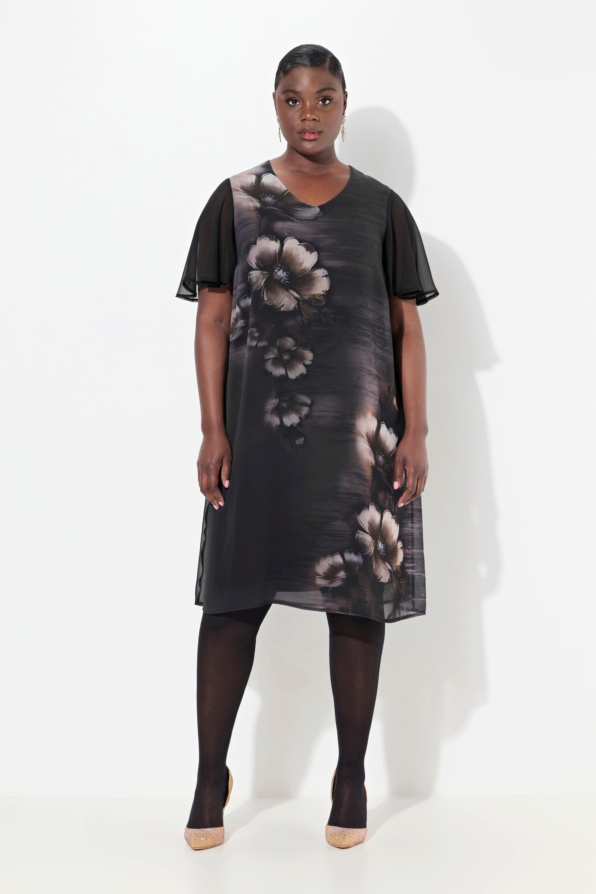 Ulla Popken Robe A-Line Col V Manches Courtes Imprimé Floral  