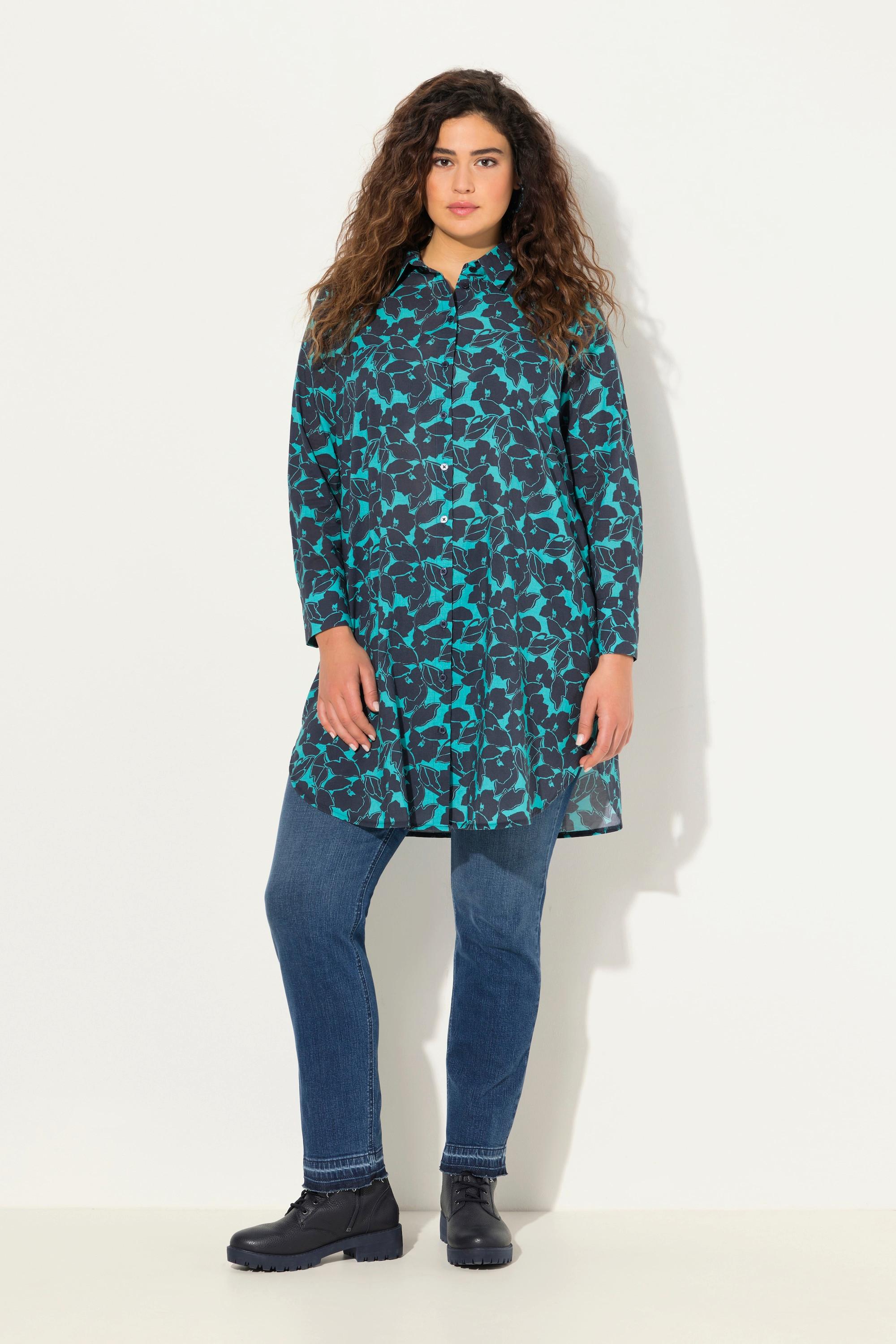 Ulla Popken  Blusa dal taglio lungo e svasato con Paisley, colletto da camicia e maniche lunghe 