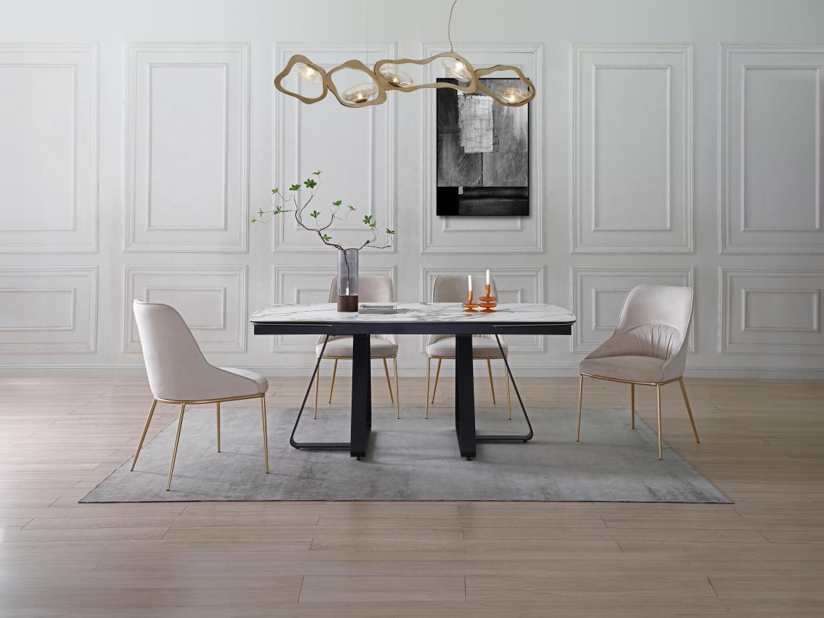 Vente-unique Table à manger extensible 6 à 10 personnes en verre trempé et céramique - Effet marbre blanc et noir - MARDONA  