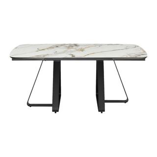 Vente-unique Table à manger extensible 6 à 10 personnes en verre trempé et céramique - Effet marbre blanc et noir - MARDONA  