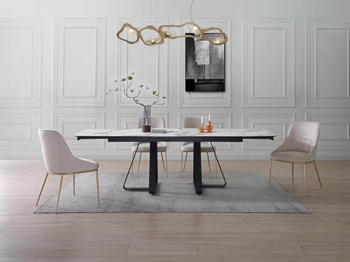 Vente-unique Table à manger extensible 6 à 10 personnes en verre trempé et céramique - Effet marbre blanc et noir - MARDONA  