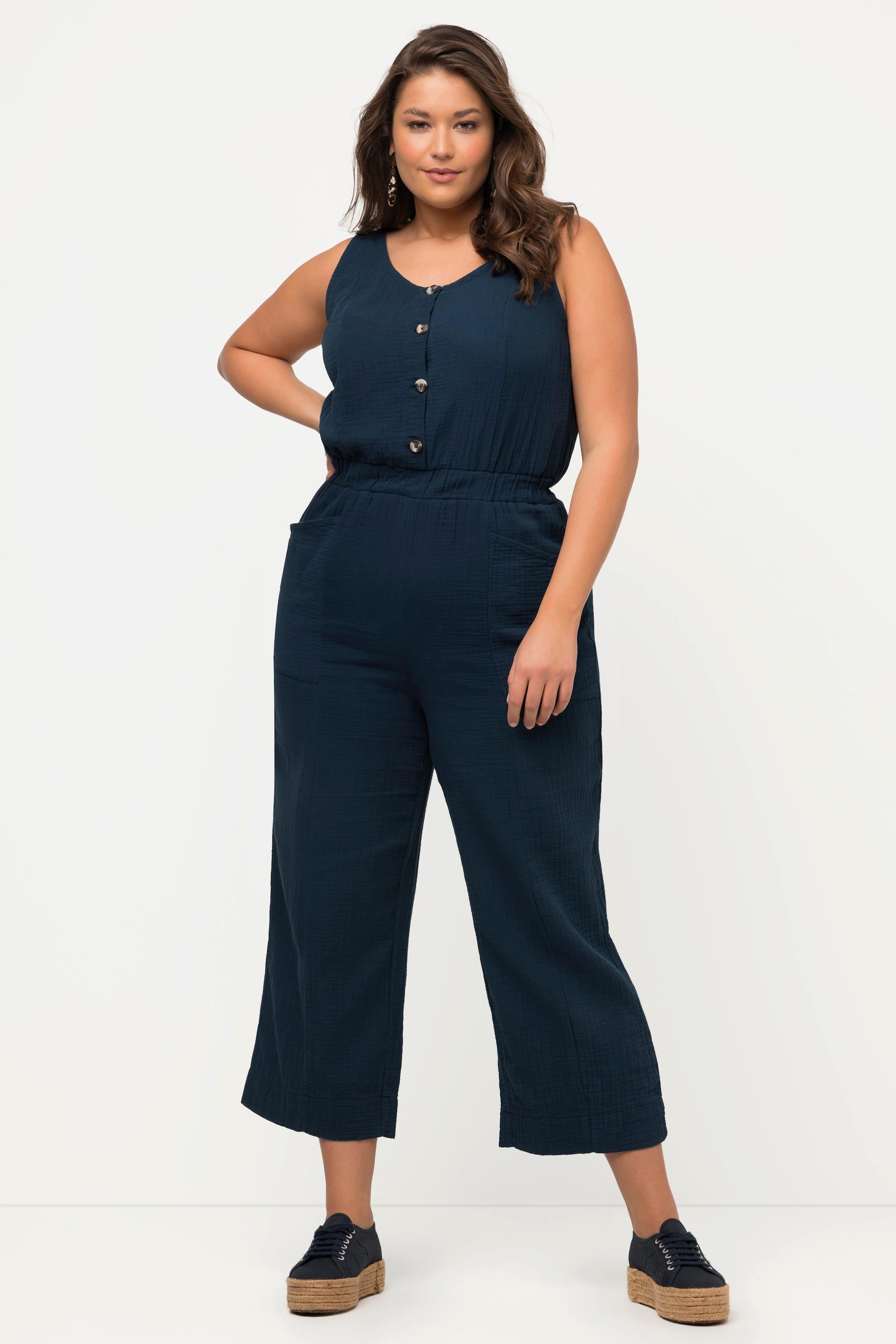 Ulla Popken  Jumpsuit, 7/8-Länge, Musselin, V-Ausschnitt, ärmellos 