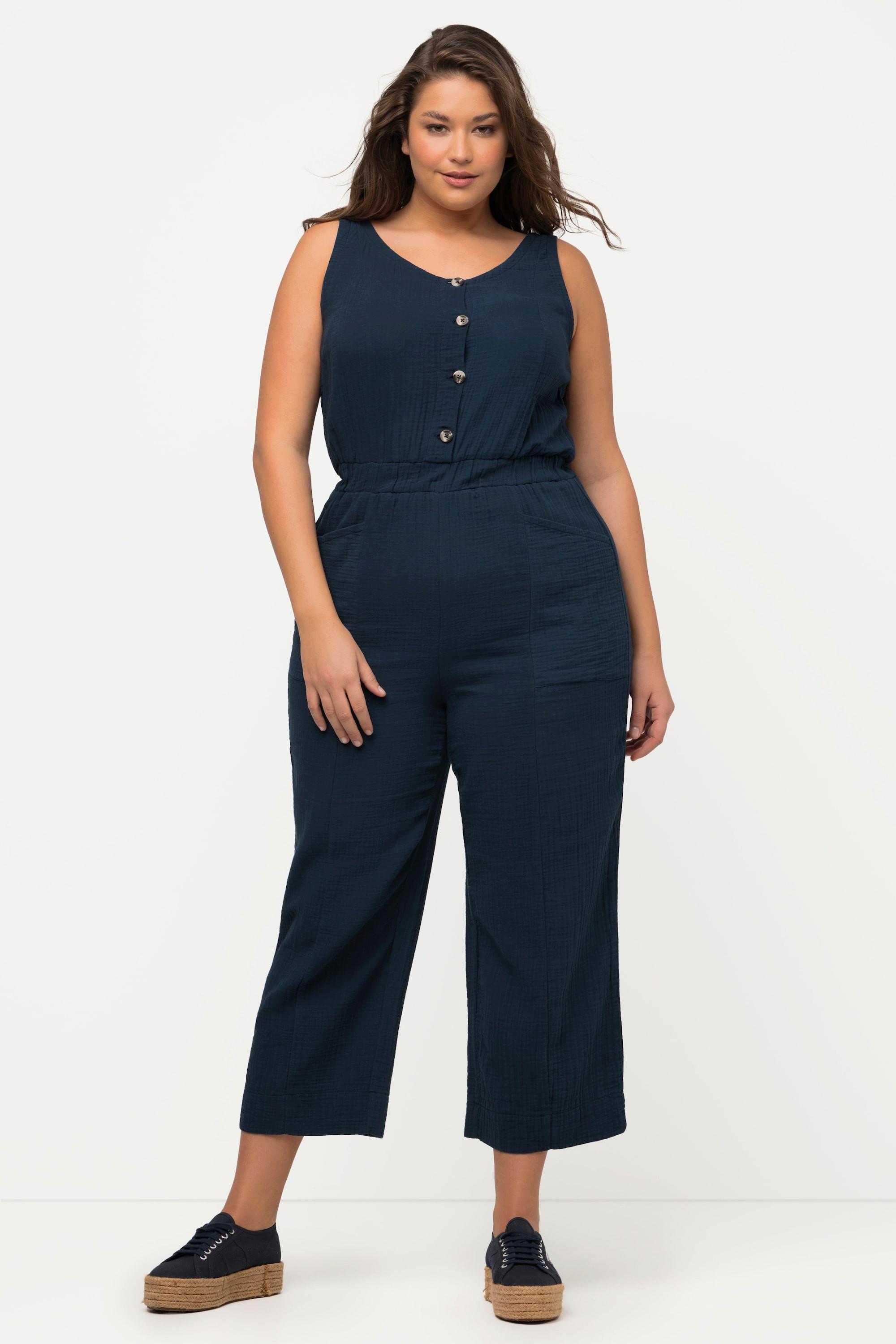 Ulla Popken  Jumpsuit, 7/8-Länge, Musselin, V-Ausschnitt, ärmellos 