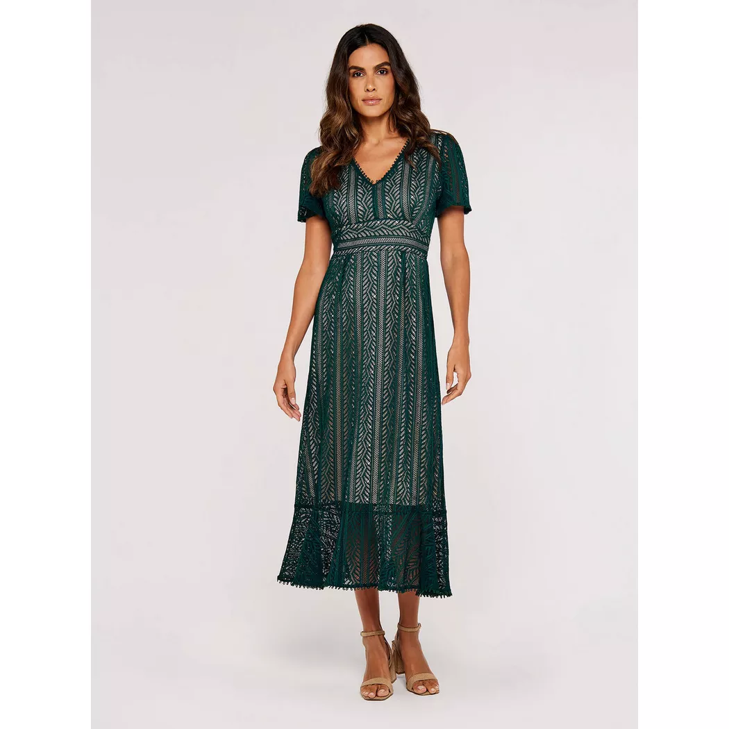APRICOT - Robe mi-longue à col en V en dentelle, Robe Midi en Dentelle, XS, Vert