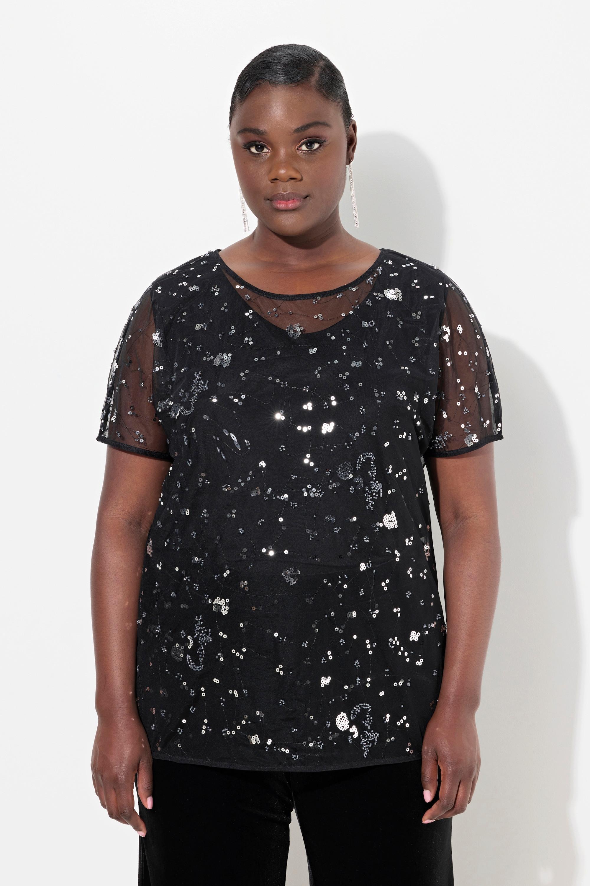 Ulla Popken  Blouse en mesh. Coupe oversize à manches courtes. Sequins et strass 