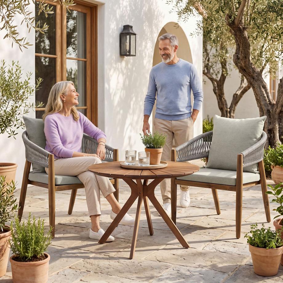 Tectake Set da giardino da 3 pezzi  Tavolo rotondo con motivo a raggi di sole e 2 sedie in stile «Rope»  