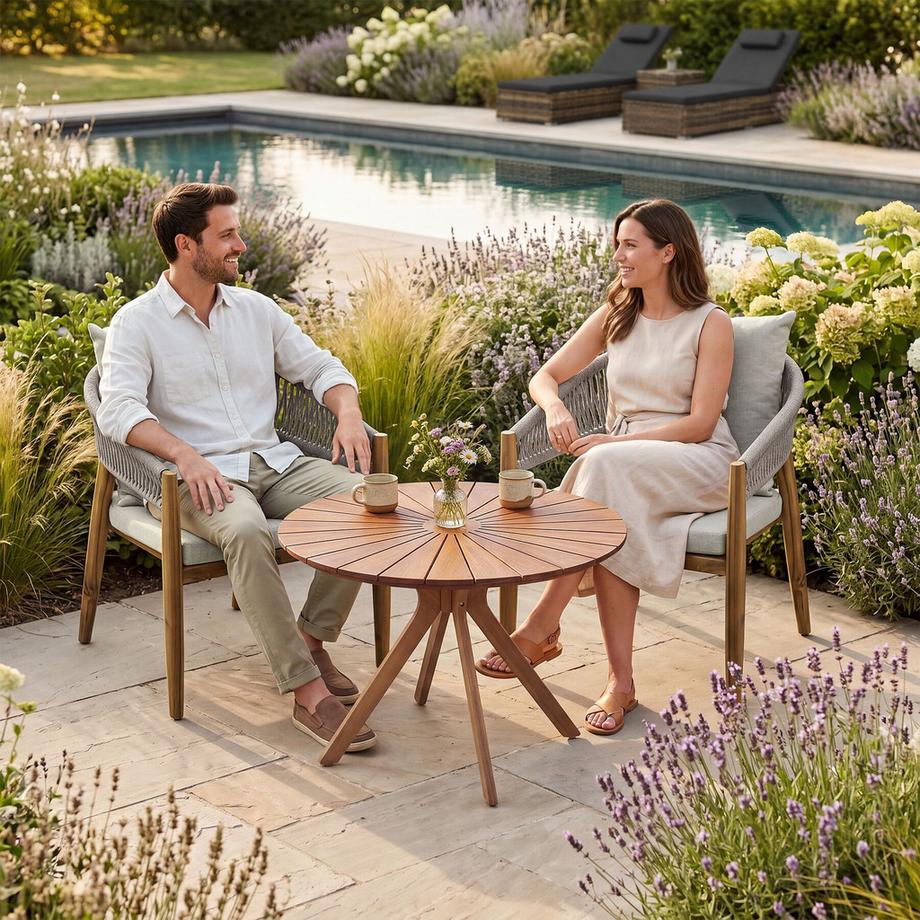 Tectake Set da giardino da 3 pezzi  Tavolo rotondo con motivo a raggi di sole e 2 sedie in stile «Rope»  