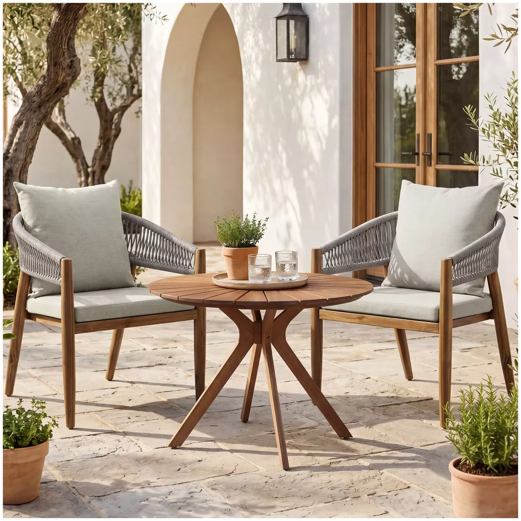 Tectake - Gartenset Luana, runder Tisch, abnehmbare Bezüge, Armlehnen, rope Design, höhenverstellbare Füße, 2P, Multicolor