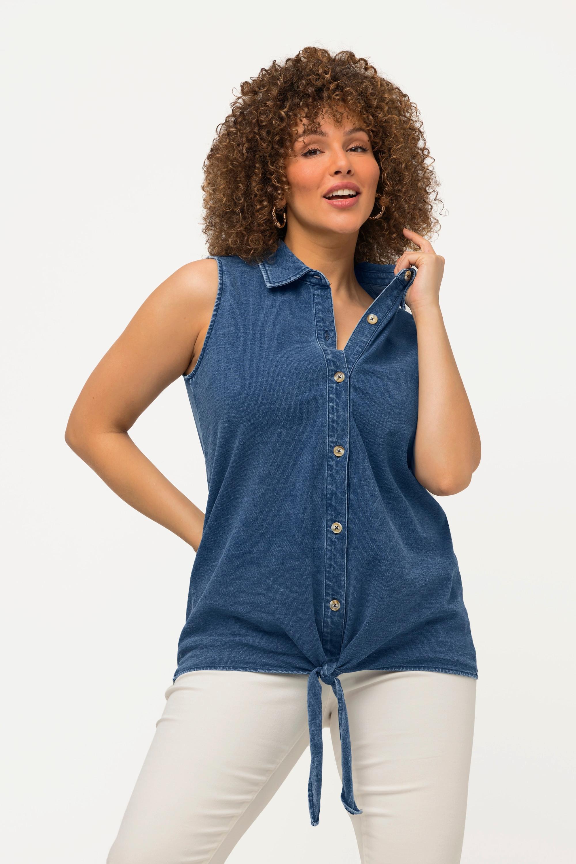 Ulla Popken  Top smanicato di jersey con effetto jeans, orlo con nodo e collo da camicia 