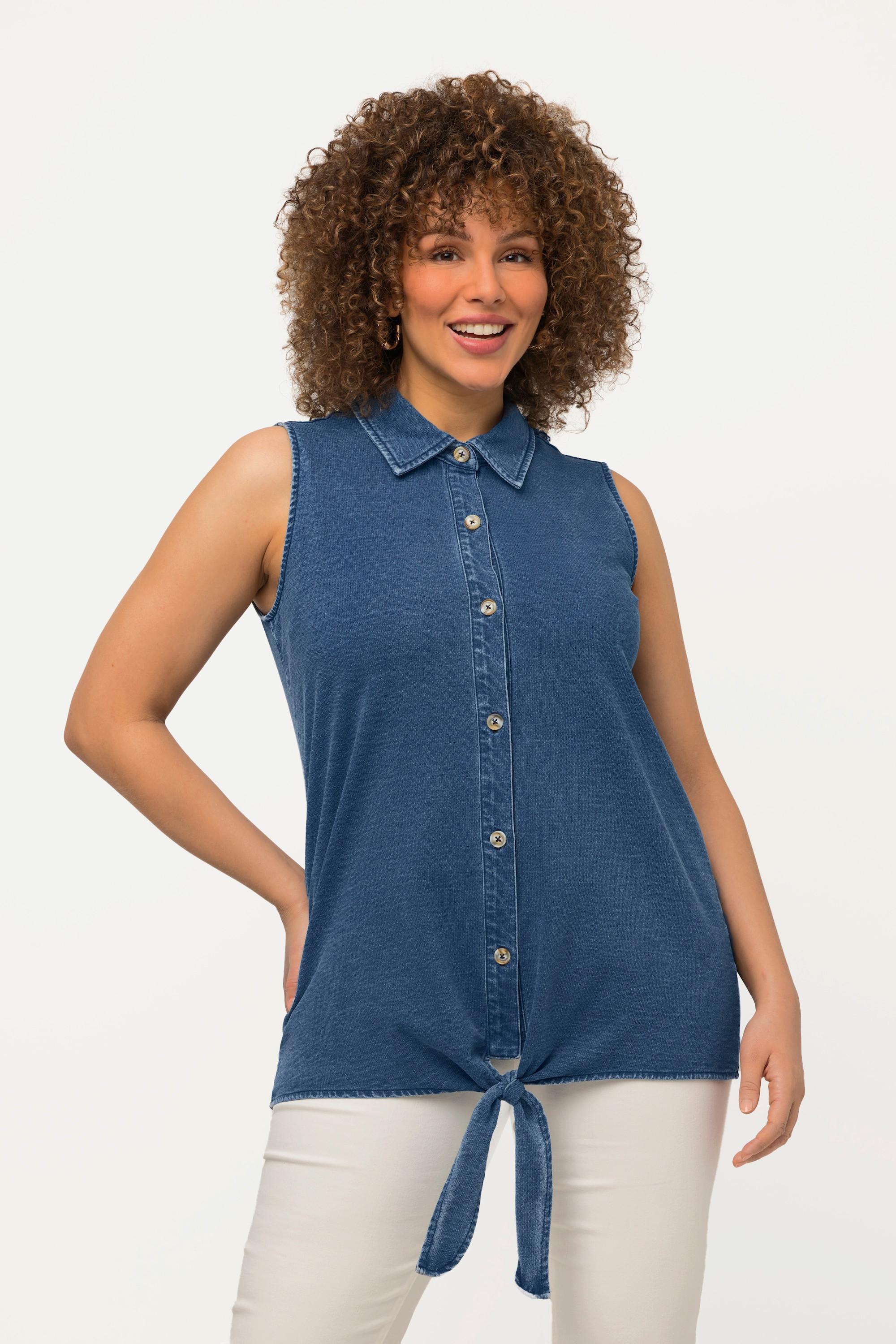 Ulla Popken  Top smanicato di jersey con effetto jeans, orlo con nodo e collo da camicia 