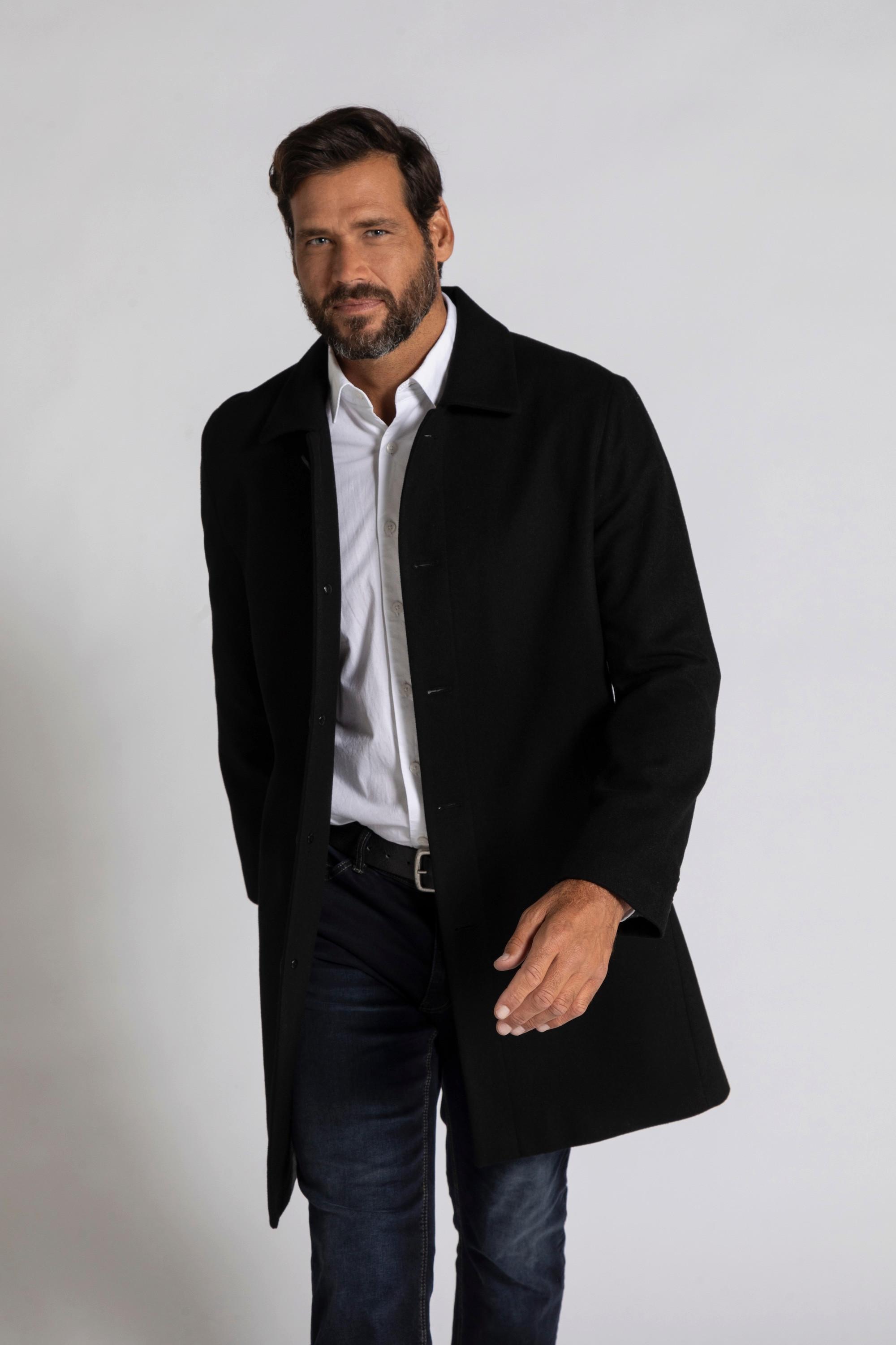 JP1880  Cappotto idrorepellente in misto lana con colletto da camicia nero 