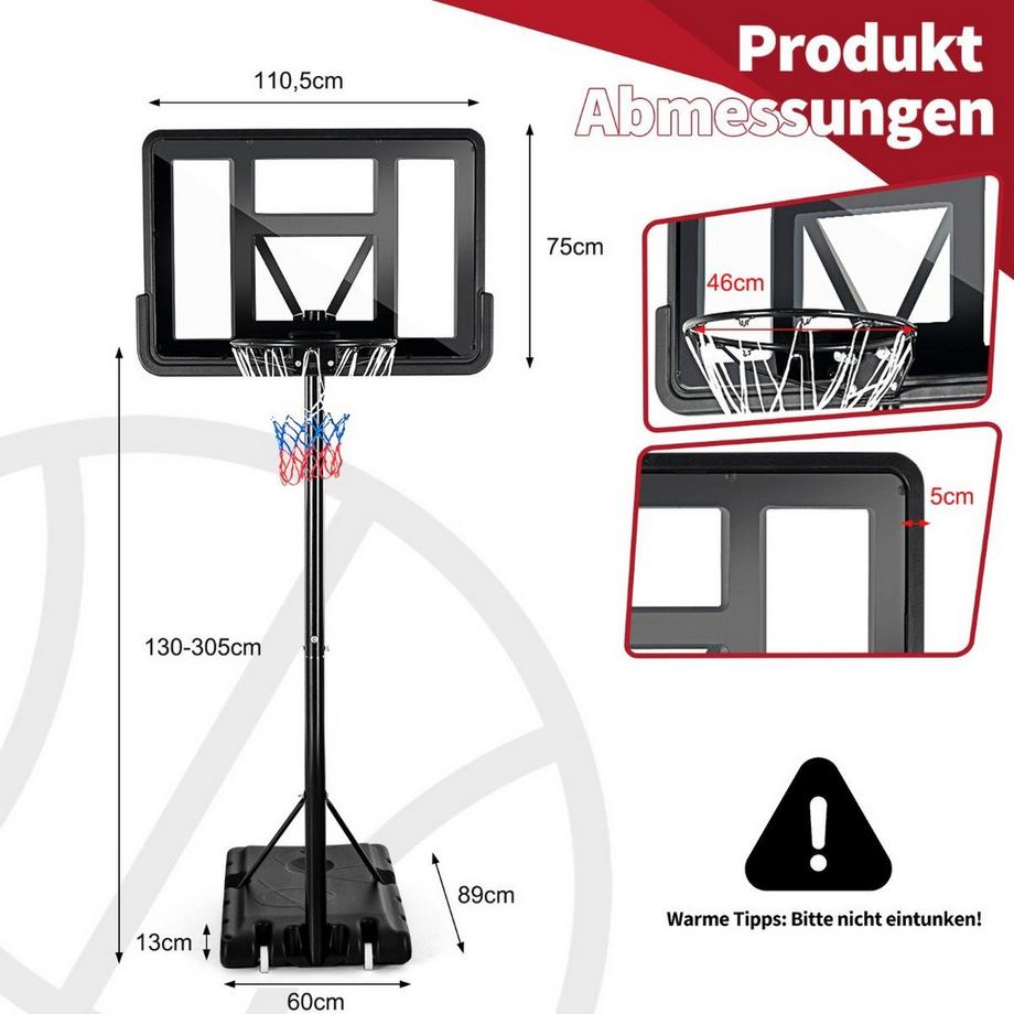 Basketballständer mit Netz & 2 Rädern Höhenverstellbar