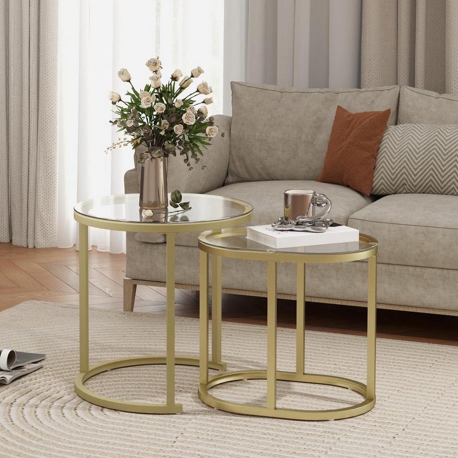 Northio Couchtisch rund 2er Set Stapelbarer Beistelltisch mit Stahlrahmen, Wohnzimmertisch Kaffeetisch für Wohnzimmer Schlafzimmer Gold Aosom  