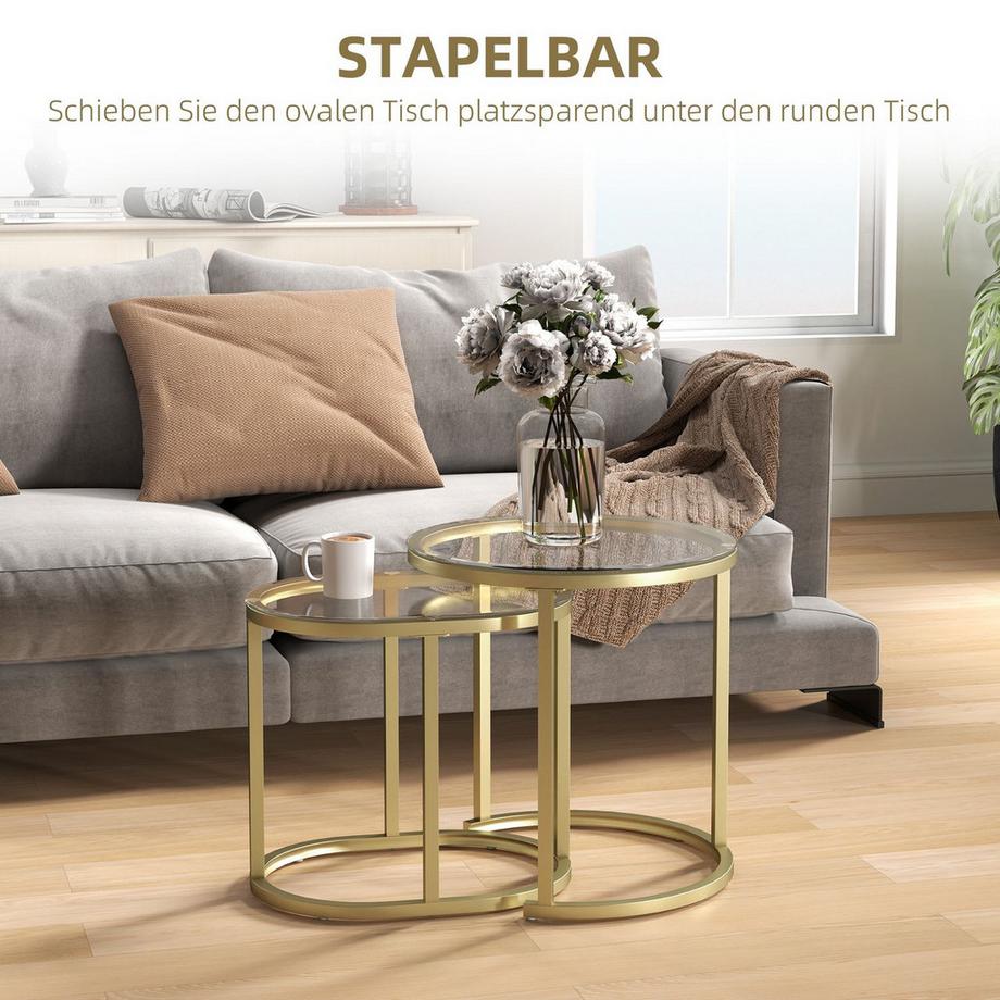 Northio Couchtisch rund 2er Set Stapelbarer Beistelltisch mit Stahlrahmen, Wohnzimmertisch Kaffeetisch für Wohnzimmer Schlafzimmer Gold Aosom  