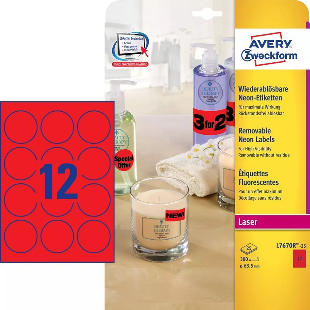 Avery-Zweckform – AVERY ZWECKFORM Etiketten 63,5mm, 300 Stück, One Size, Rot Bunt