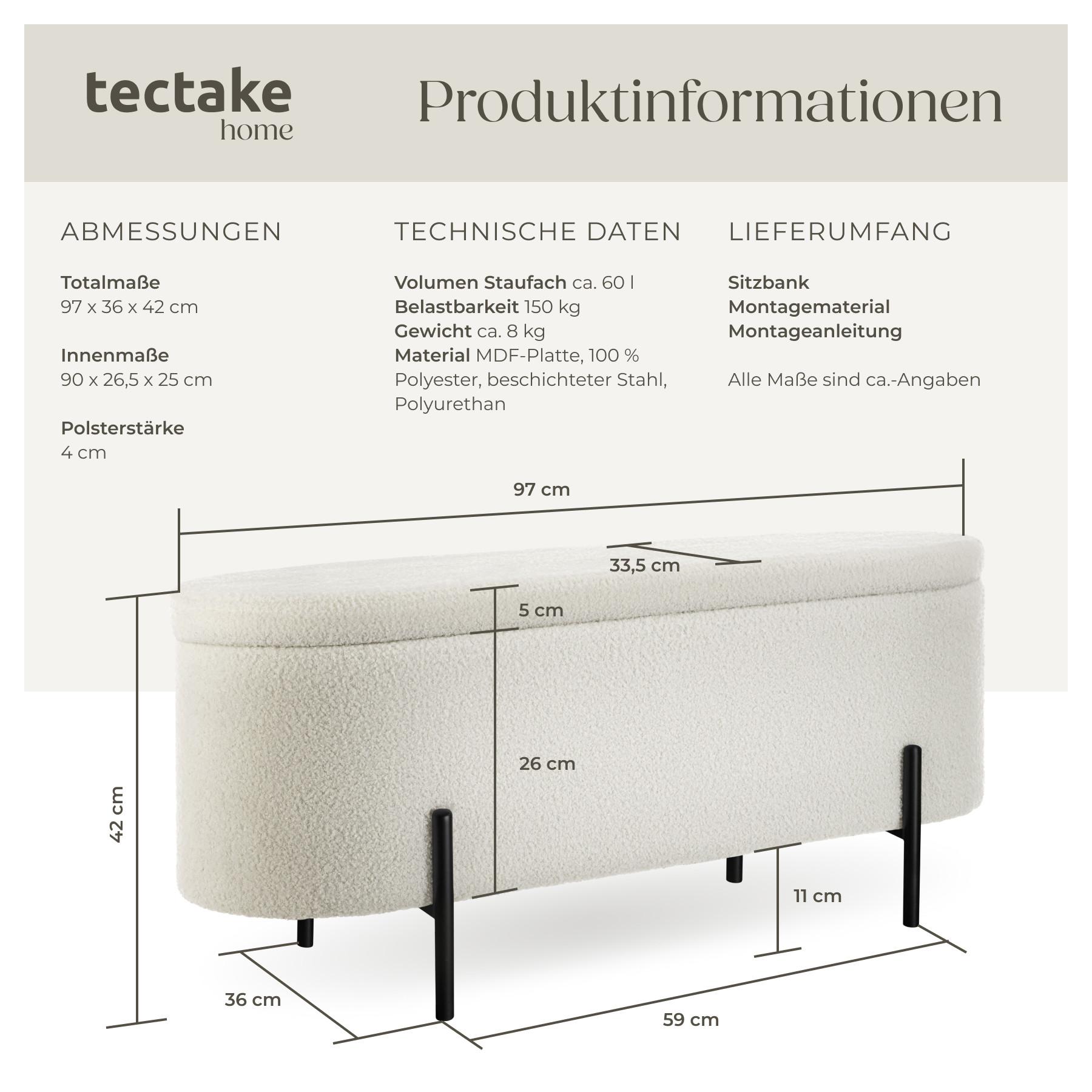 Tectake Sitzbank Lanja, gepolstert, mit Bouclé-Stoff und Stauraum  