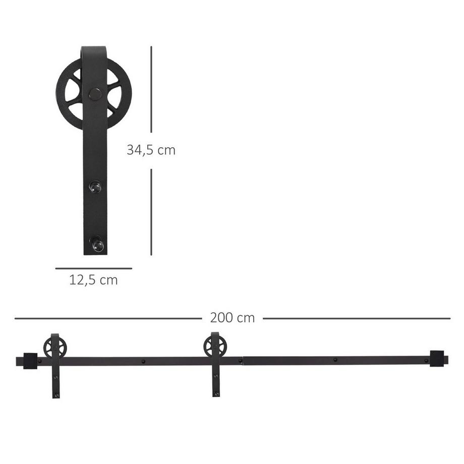 Northio  Kit de ferrures pour porte coulissante 200 cm, kit complet avec rails, roulettes, butée de rail, bloc de sol, jeu de vis de porte, système de porte coulissante en acier au carbone noir 