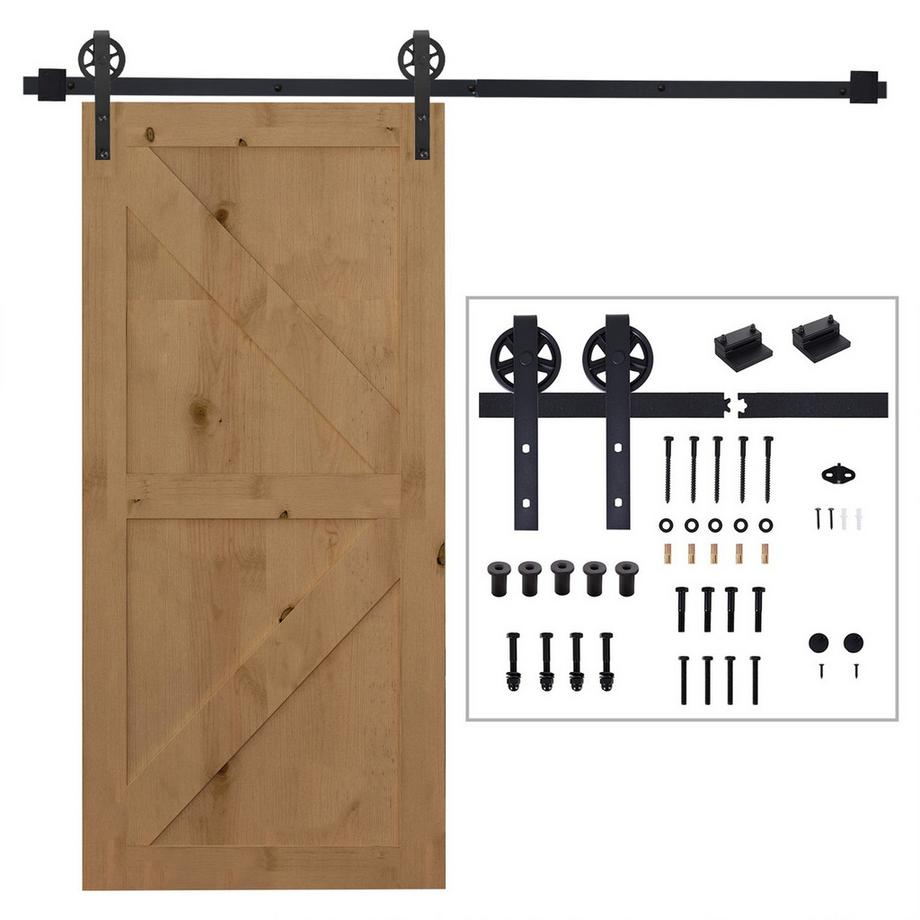Northio  Kit de ferrures pour porte coulissante 200 cm, kit complet avec rails, roulettes, butée de rail, bloc de sol, jeu de vis de porte, système de porte coulissante en acier au carbone noir 