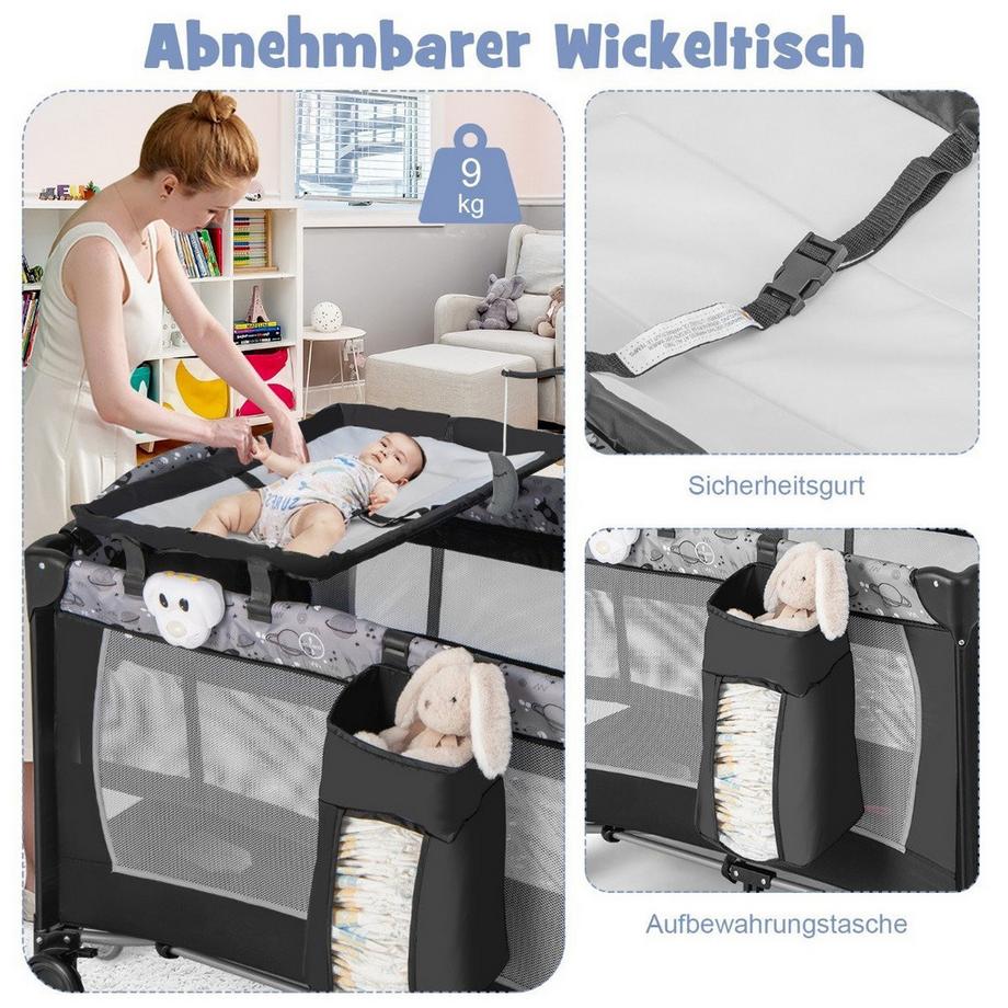Northix  Lit d'appoint 3 EN 1 lit de voyage pliant avec matelas jouet suspendu 102 x 72 x 74 cm gris 