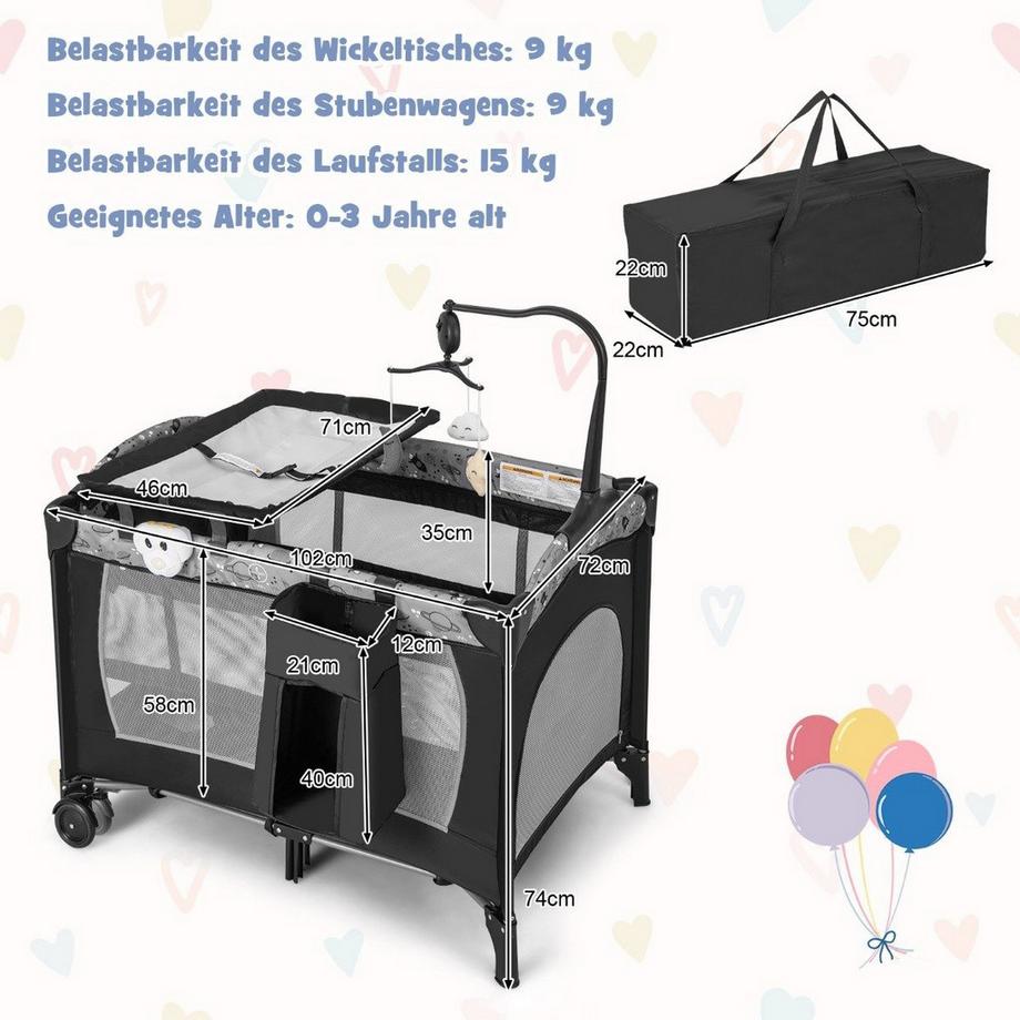 Northix  Lit d'appoint 3 EN 1 lit de voyage pliant avec matelas jouet suspendu 102 x 72 x 74 cm gris 