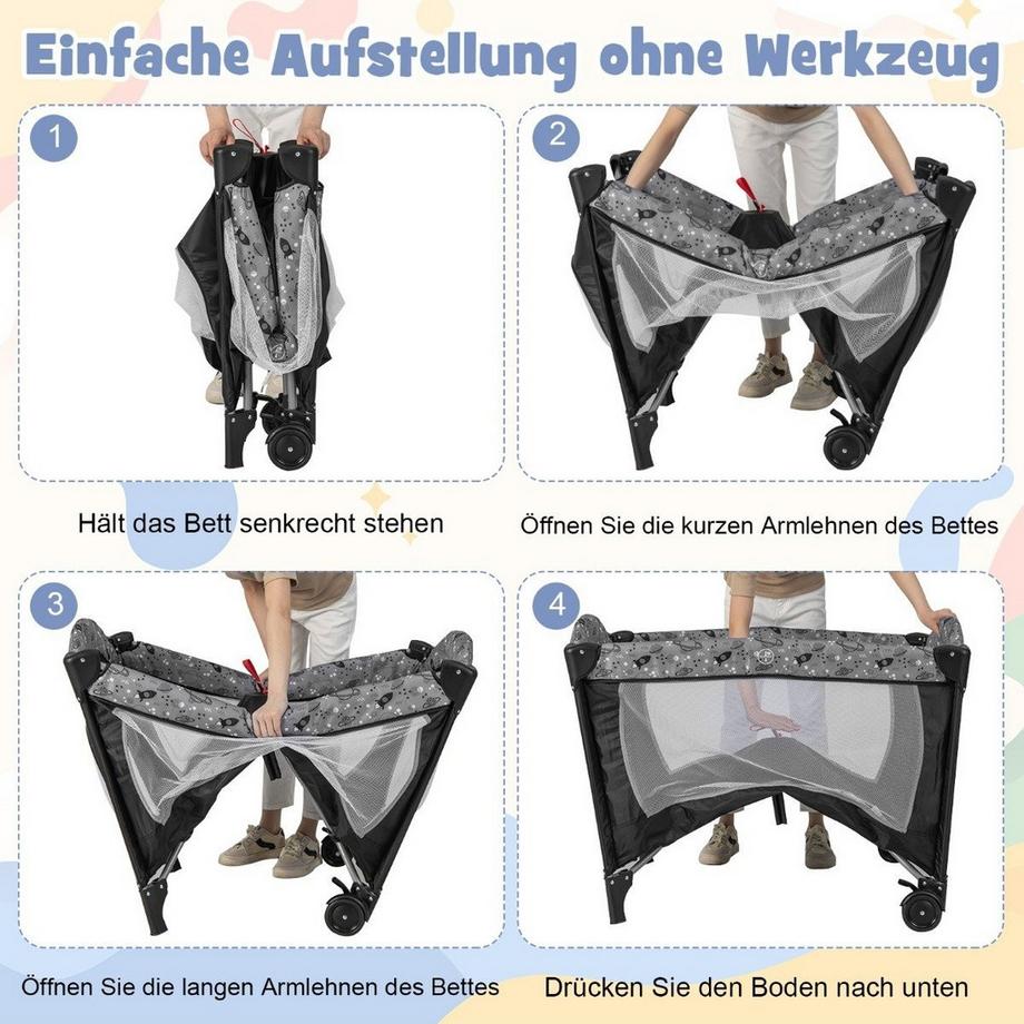 Northix  Lit d'appoint 3 EN 1 lit de voyage pliant avec matelas jouet suspendu 102 x 72 x 74 cm gris 