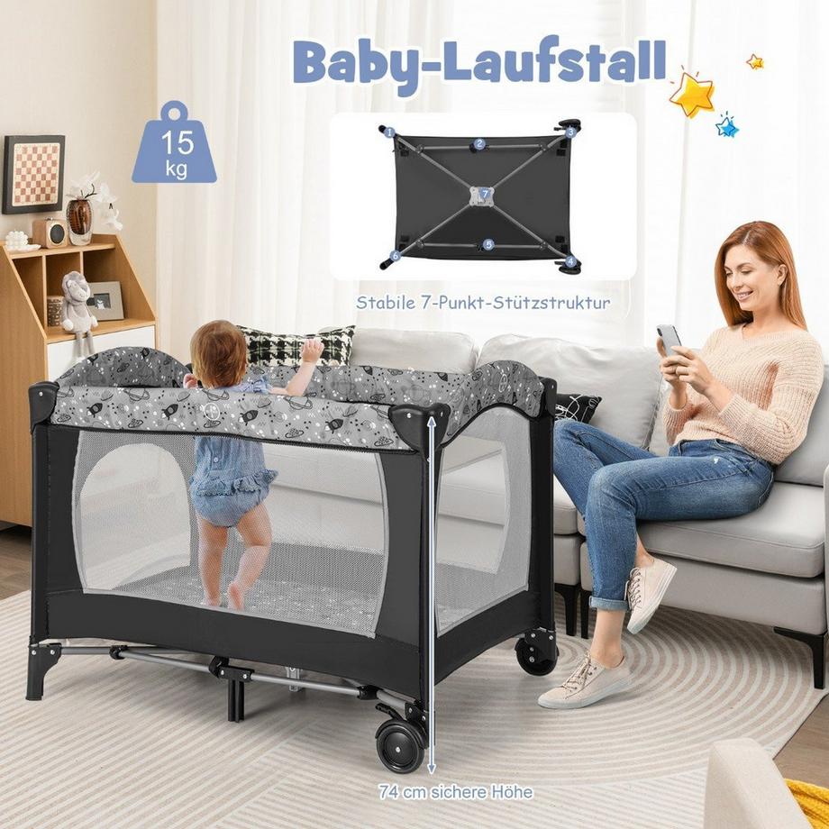 Northix  Lit d'appoint 3 EN 1 lit de voyage pliant avec matelas jouet suspendu 102 x 72 x 74 cm gris 