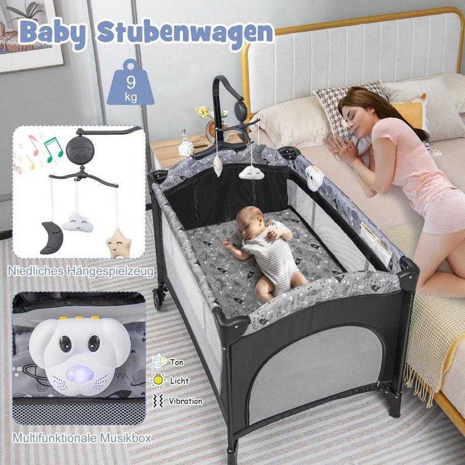 Northix  Lit d'appoint 3 EN 1 lit de voyage pliant avec matelas jouet suspendu 102 x 72 x 74 cm gris 